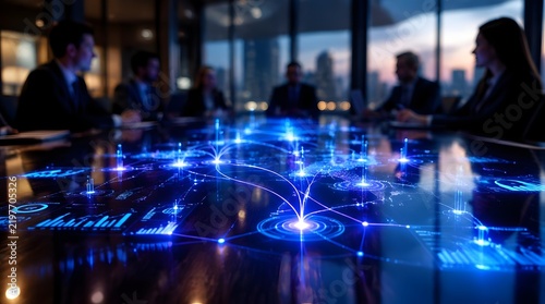 Business Executives in Boardroom Meeting with Futuristic Glowing Global Network Hologram Projection on Table