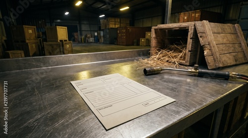 Foto Blank customs declaration form on steel table in warehouse