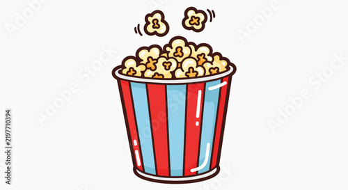 Colorful striped bucket full of popcorn, isolated on transparent background, concept for movie night, cinema advertising and snack promotions.