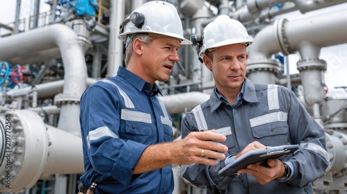 Industrial Collaboration: Two seasoned engineers in hard hats and safety vests discuss plans on a clipboard amidst the complex machinery of an industrial plant.