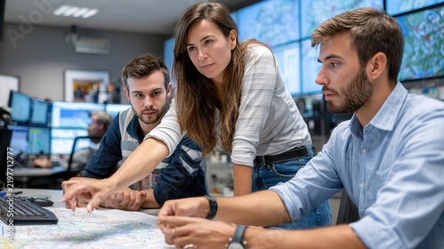 Teamwork in action: A focused team works collaboratively, pointing at a map spread across a table, with screens displaying data in the background.