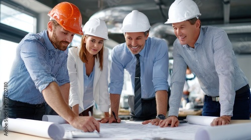 Architectural Blueprint Discussion: A diverse group of architects and engineers wearing hard hats huddle around a blueprint, collaborating on a construction project.