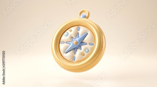 A golden compass with a blue needle is a 3d rendered illustration
