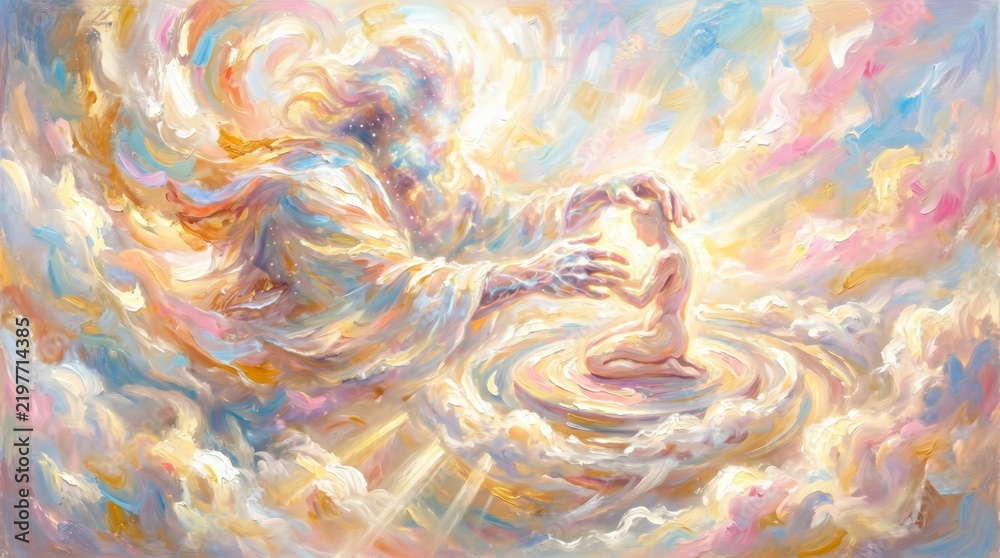 Fototapeta premium Divine creation of man by God depicted in a vibrant oil painting with swirling celestial clouds and light