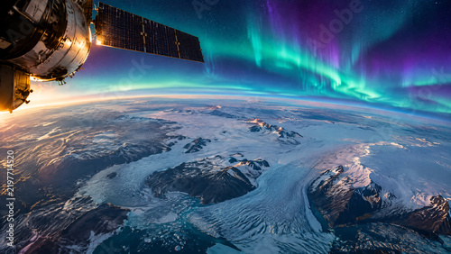 Space Satellite Orbiting Above Frozen Arctic Glaciers and Ice Sheets, Vibrant Green and Purple Aurora Borealis Glowing in Night Atmosphere Layer
