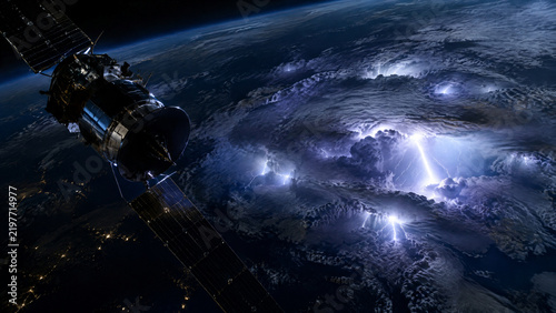 Weather Satellite Tracking Severe Thunderstorms and Lightning Storms at Night, Spacecraft Monitoring Flashing Lightning Bolts Over Planet Earth
