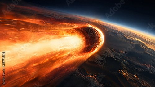 Massive Asteroid or Meteor Burning Up in Planet Earth Atmosphere, Fiery Space Rock Reentering Orbit and Creating Large Flame Trail at Sunset
