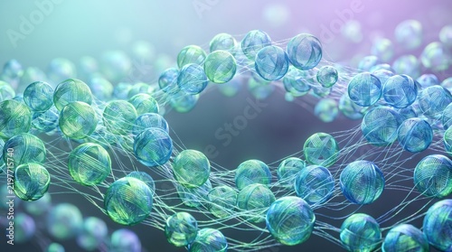 Abstract futuristic 3D mesh network with glowing blue and green spheres connected by fine threads