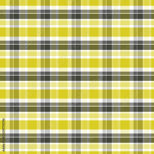 Vibrant yellow, charcoal grey, and white plaid seamless pattern background for fabric design