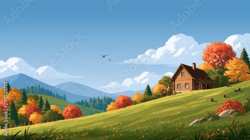 Growth mindset cozy wooden cabin on autumn hillside with mountains and deer