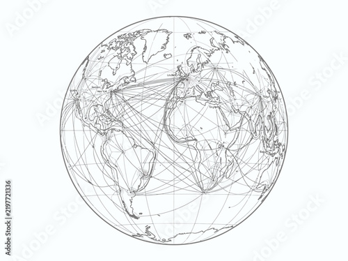 Wireframe Global Network Map Illustrating Interconnected Routes and Worldwide Connections.