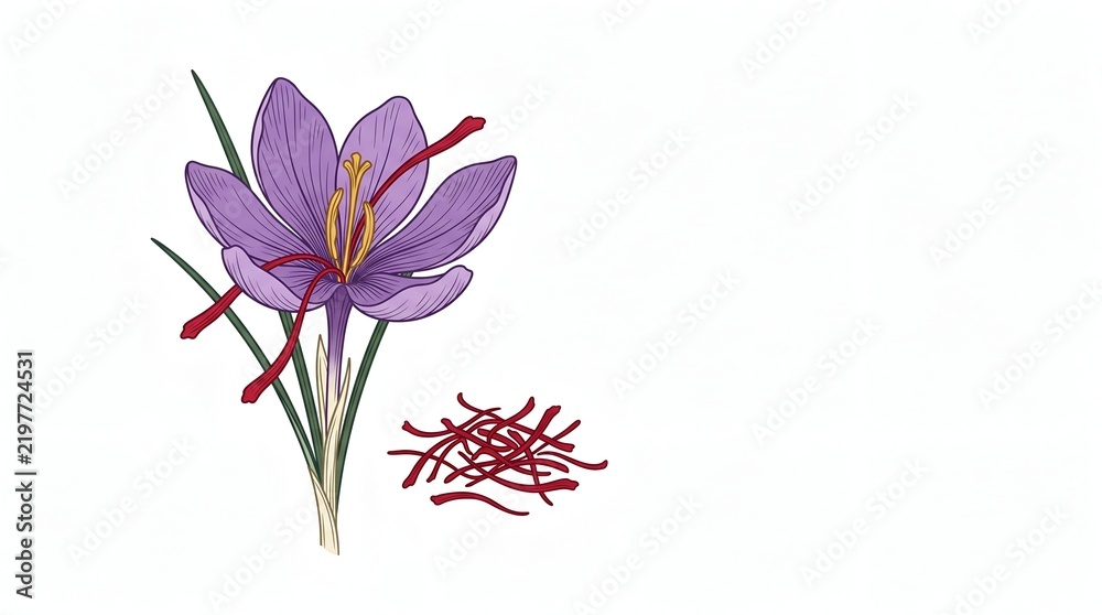 Obraz premium Saffron crocus flower with dried red spice threads on white background