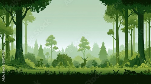 Growth in a serene green forest landscape with a majestic stag, lush trees, and misty nature background