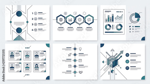 Set of professional business infographic templates with charts and diagrams for corporate presentation.
