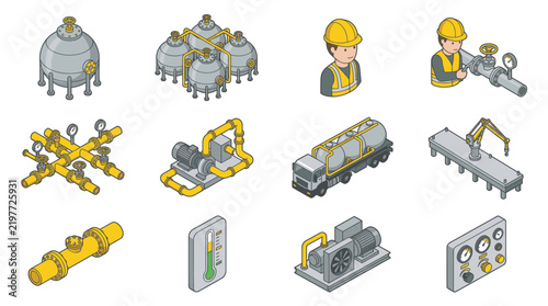 Isometric Industrial Equipment and Worker Icons Set.