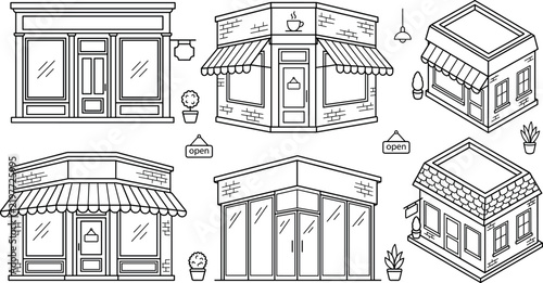 Storefront facades shop architecture and cafe boutique vector line icon set featuring isometric small business buildings exterior designs
