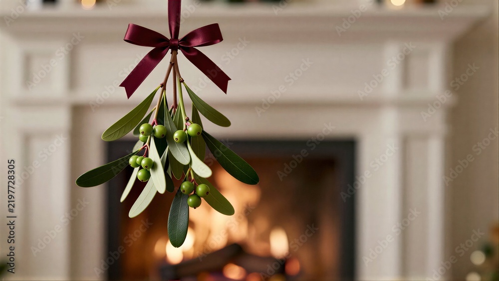 Obraz premium Mistletoe with red bow hangs above warm fireplace, festive holiday scene.