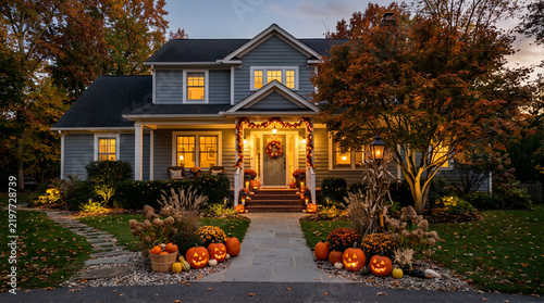 Suburban house decorated for Halloween.