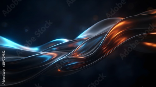 Abstract metallic liquid waves with blue and orange light reflections on a dark background
