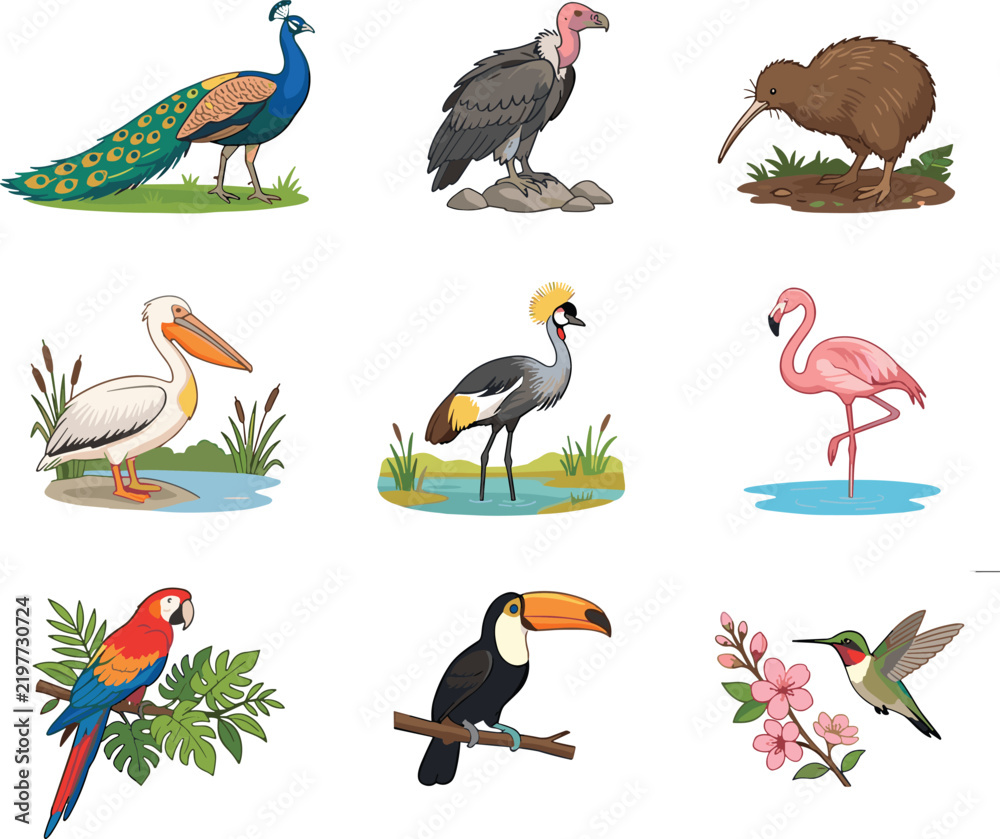 Obraz premium Diverse wild birds vector illustration set featuring peacock vulture kiwi pelican crane flamingo macaw toucan and hummingbird characters