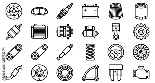 Automotive Spare Parts Outline Icon Set with Engine Mechanical and Replacement Vehicle Components