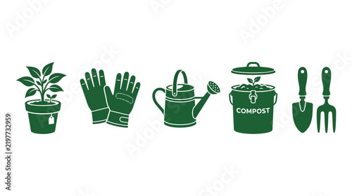 Set of green gardening tools and composting icons.