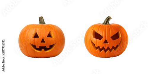 Fotografía Two carved orange Halloween pumpkins with contrasting happy and scary facial exp
