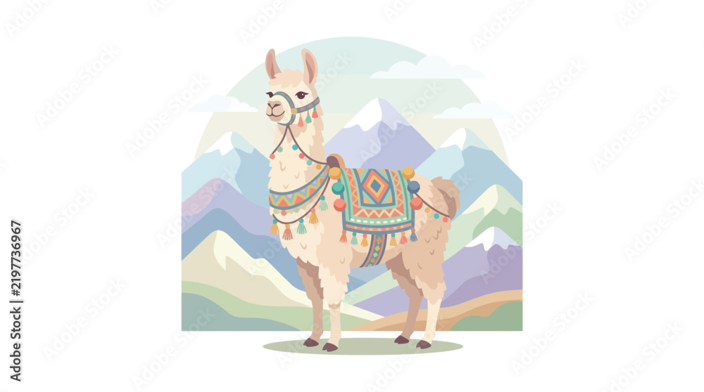 Fototapeta premium Cute llama with colorful blanket on mountain background