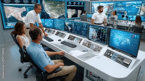 Control Room Crew: A team of professionals monitors multiple screens in a high-tech control room, analyzing data and coordinating operations in real-time, showcasing teamwork and strategic oversight.