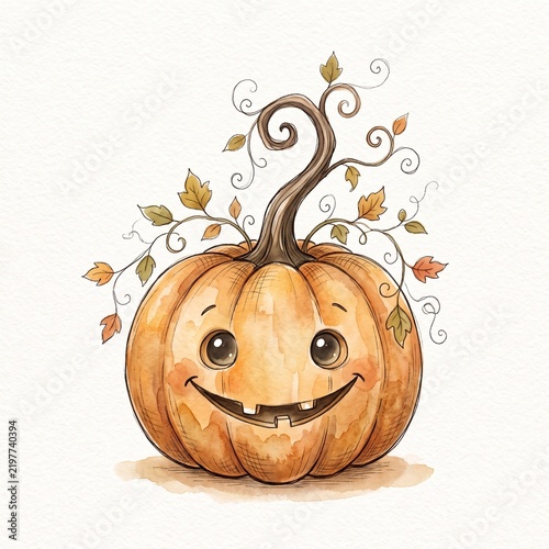 A cute cartoon pumpkin character with a wide grin and orange boots standing on white background with whimsical watercolor illustration