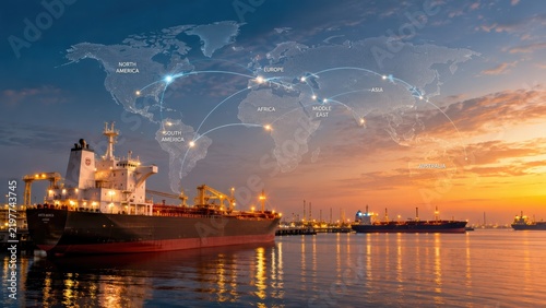  cargo ship at sunset with a digital world map overlay showing global shipping routes connecting major regions.