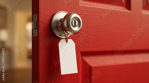 Close-up of a red wooden door with a silver handle and a blank white tag hanging from the doorknob for real estate concept