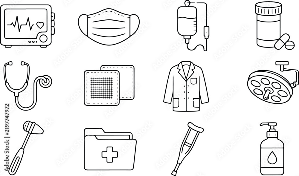 Fototapeta premium Medical and Healthcare Icon Set in Simple Line Art Style
