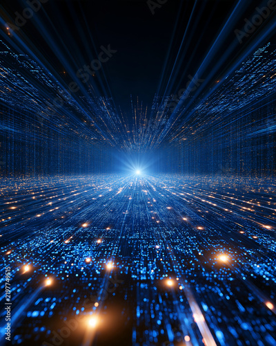 Digital Infinity: A breathtaking, abstract digital landscape where glowing blue lines converge towards a central bright light, creating a sense of infinite depth and advanced technology.