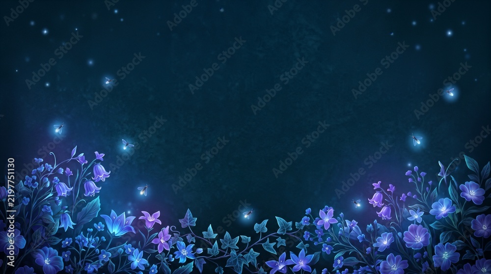 Obraz premium Mystical dark blue night background with glowing blue fantasy flowers and flying fireflies at the bottom, enchanted magical fairy tale garden with copy space