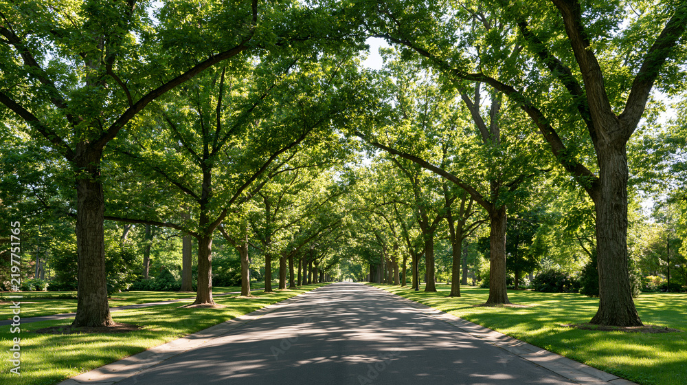 Obraz premium Straight Asphalt Lane Passing Beneath a Tunnel of Mature Trees