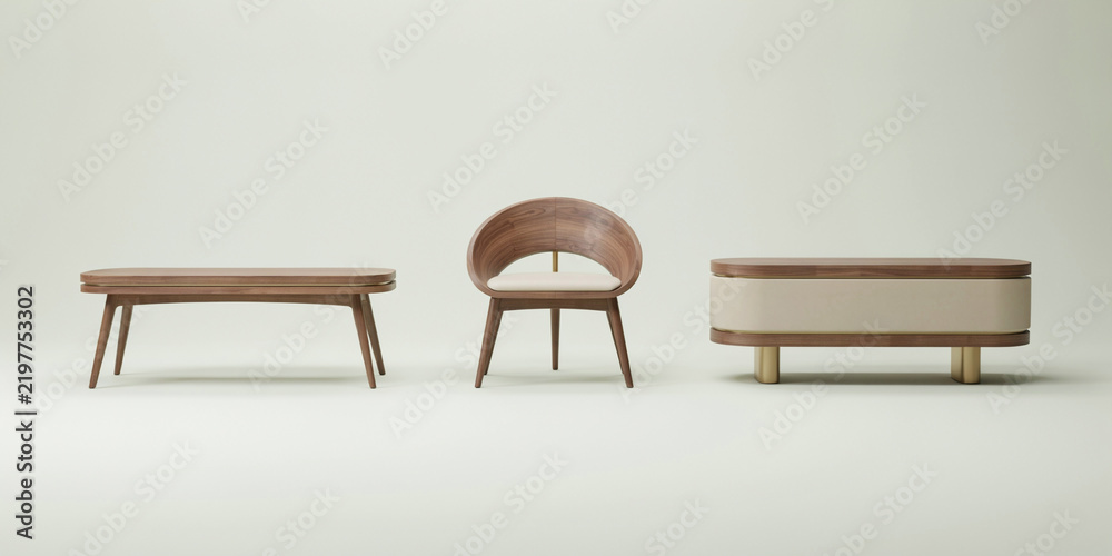 Obraz premium Minimalist wooden furniture set featuring a low bench, curved chair, and rectangular side table