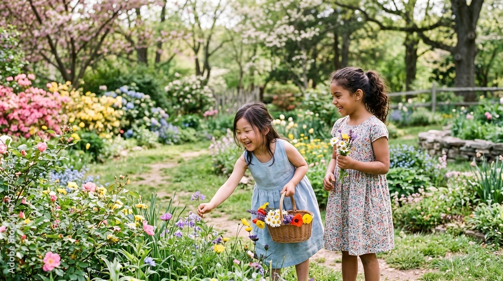 Fototapeta premium Two young girls happily picking flowers in a vibrant spring garden filled with colorful blooms and lush greenery
