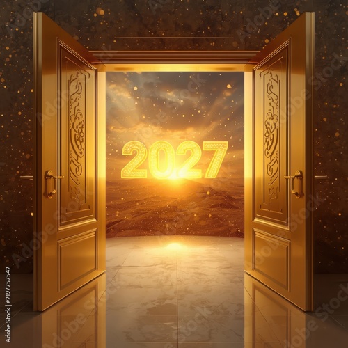Golden double doors opening to a glowing 2027 year sign at sunrise