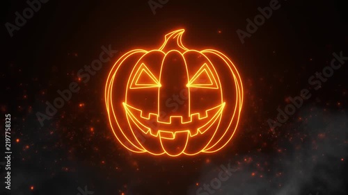 Glowing neon orange Halloween jack o lantern pumpkin on a dark background with smoke and embers