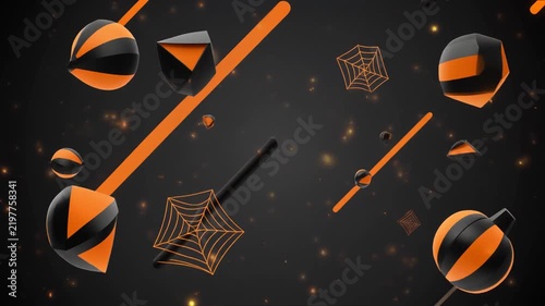 Halloween 3D abstract background with black and orange spheres, candy shapes, and spiderwebs on a dark glowing particle effect space