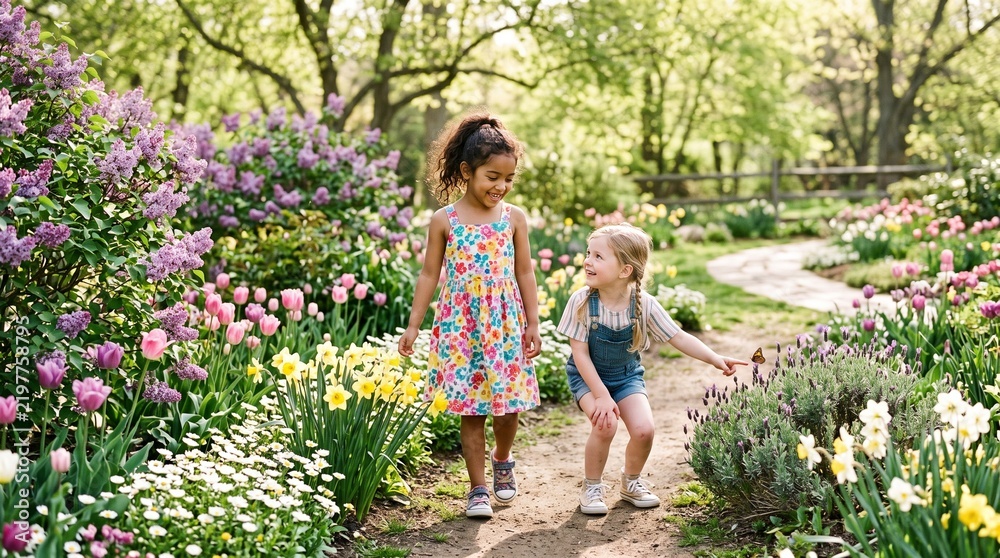 Fototapeta premium Two young girls exploring a vibrant spring garden filled with blooming flowers and a butterfly
