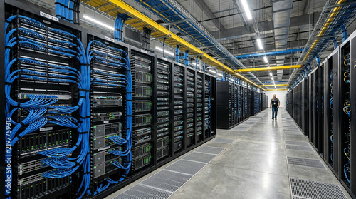 Technician walking through a modern data center aisle with server racks and blue network cables