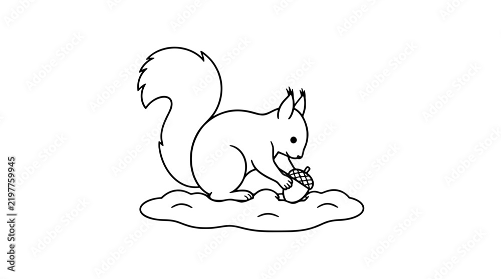 Fototapeta premium Hand-drawn squirrel burying acorn in winter snow patch, cute woodland creature line art vector icon illustration - professional high resolution commercial stock detailed commercial stock imagery