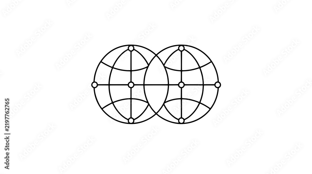 Obraz premium Minimalist black and white hand-drawn vector illustration showing two interlocking circles with internal nodes and curved pathways forming a symmetrical network design representing connectivity and