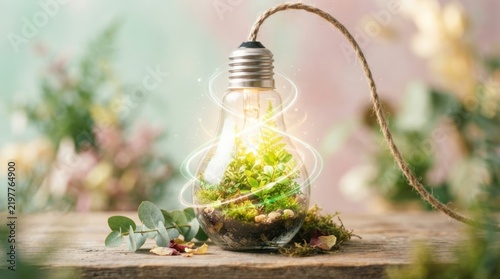 Small Terrarium Inside A Light Bulb On A Wooden Table.