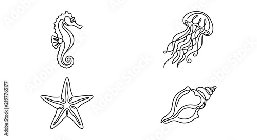 Minimalist continuous line marine life icons