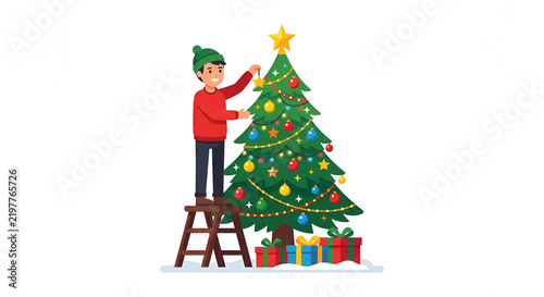 Young boy on ladder decorating Christmas tree
