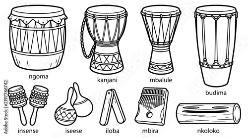 African Drums and Percussion Instruments Outline Icon Set
