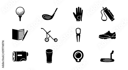 Foto Golf Icons Set: Ball, Club, Glove, Bag, Cart, Shoe, Rangefinder, Tee, Scorecard,